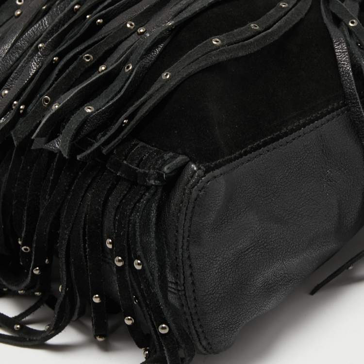 Pre Owned Zadig and Voltaire Black Leather and Suede Fringe Shoulder Bag
