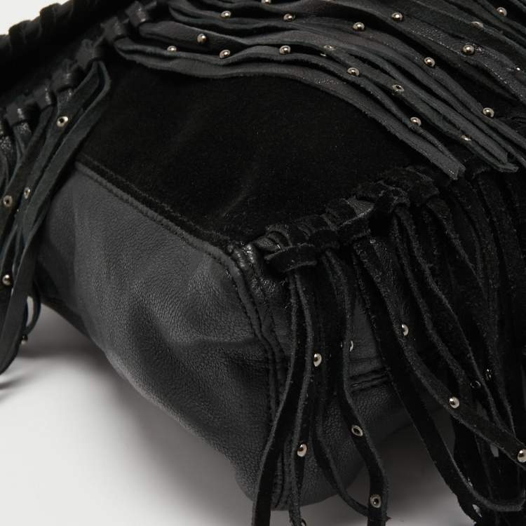 Pre Owned Zadig and Voltaire Black Leather and Suede Fringe Shoulder Bag