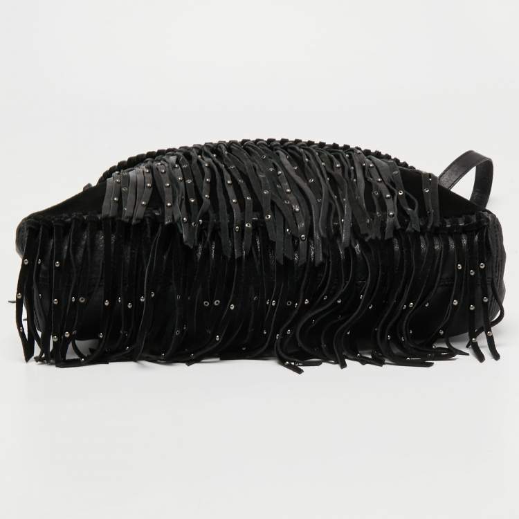 Pre Owned Zadig and Voltaire Black Leather and Suede Fringe Shoulder Bag