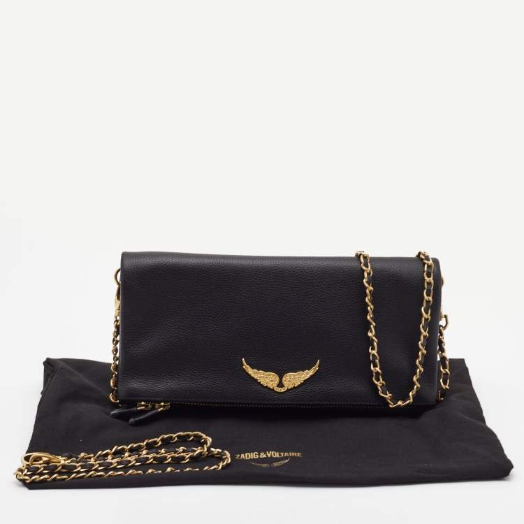 Pre Owned Zadig & Voltaire Black Leather Rock Foldover Crossbody Bag