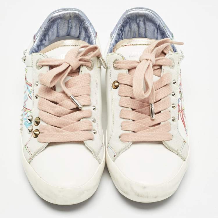 Pre Owned Zadig & Voltaire White Leather and Suede Lace Up Sneakers Size 36