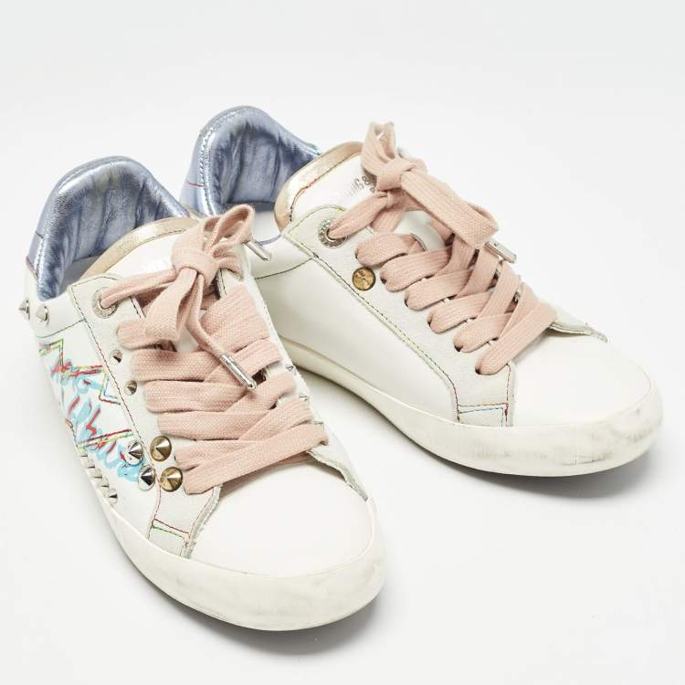 Pre Owned Zadig & Voltaire White Leather and Suede Lace Up Sneakers Size 36