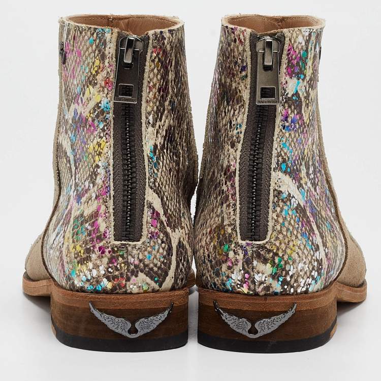 Pre Owned Zadig & Voltaire Multicolor Python Embossed And Suede Ankle Boots Size 38