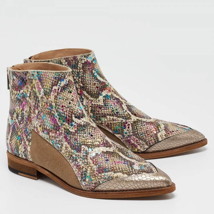 Pre Owned Zadig & Voltaire Multicolor Python Embossed And Suede Ankle Boots Size 38