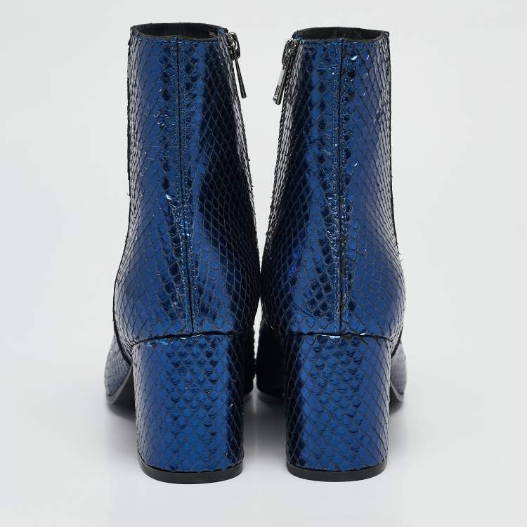 Pre Owned Zadig & Voltaire Blue Python Embossed Leather Block Heel Ankle Boots Size 36