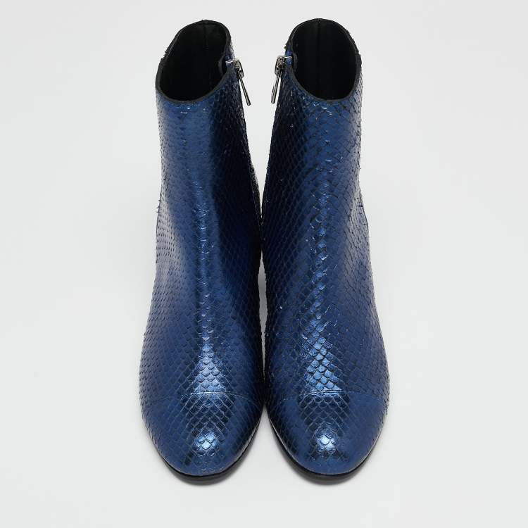 Pre Owned Zadig & Voltaire Blue Python Embossed Leather Block Heel Ankle Boots Size 36