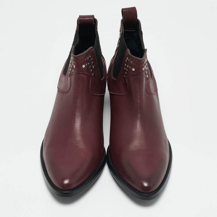 Pre Owned Zadig & Voltaire Burgundy Leather Studded Ankle Length Boots Size 41