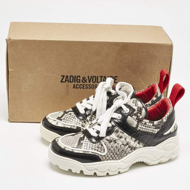 Pre Owned Zadig & Voltaire Black/Red Python Embossed and Leather Blaze Sneakers Size 38