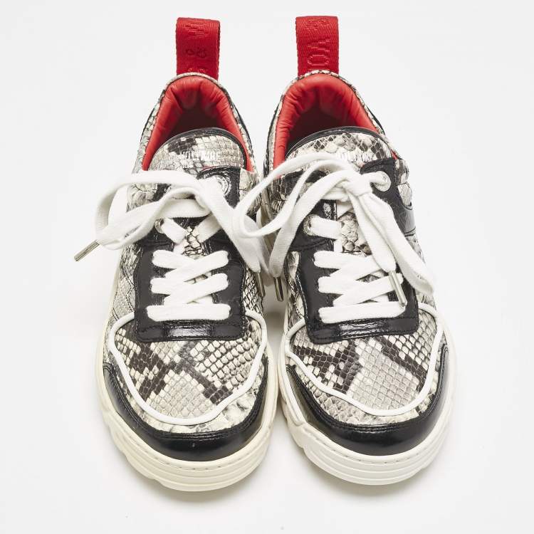 Pre Owned Zadig & Voltaire Black/Red Python Embossed and Leather Blaze Sneakers Size 38