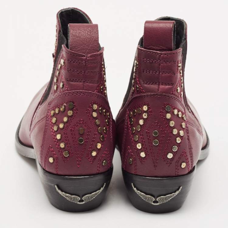 Pre Owned Zadig & Voltaire Burgundy Leather Thylana Studded Ankle Boots Size 36