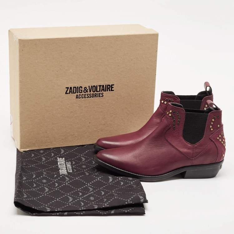 Pre Owned Zadig & Voltaire Burgundy Leather Thylana Studded Ankle Boots Size 36