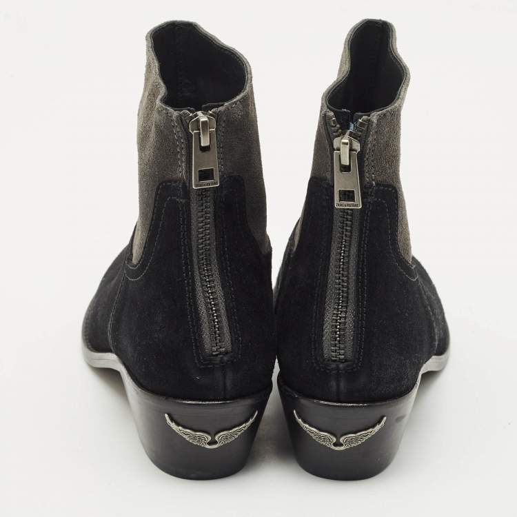 Pre Owned Zadig & Voltaire Black/Grey Suede Teddy Ankle Boots Size 37