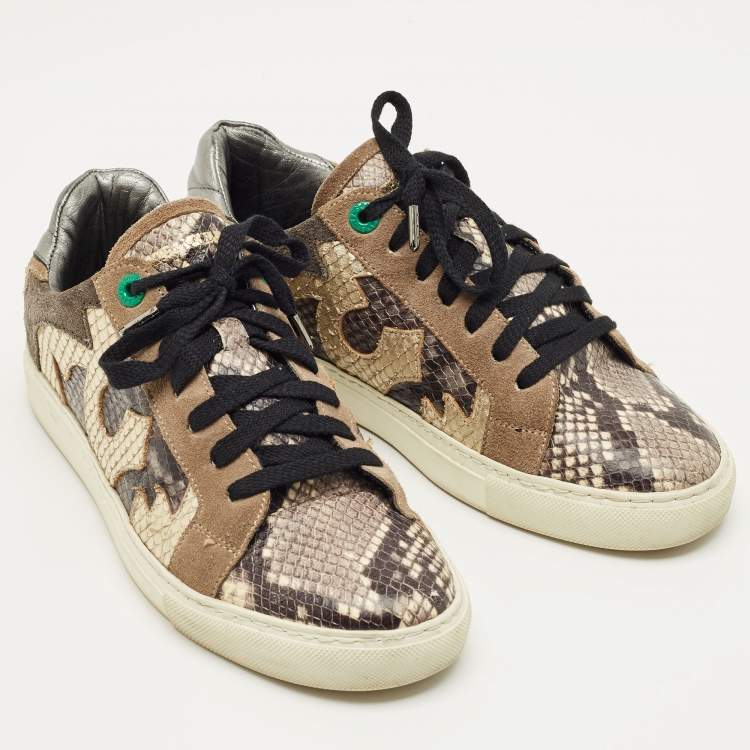 Pre Owned Zadig & Voltaire Multicolor Python Embossed Leather and Suede Trainer Sneakers Size 38