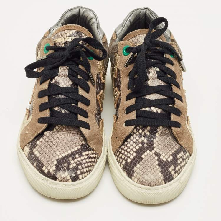Pre Owned Zadig & Voltaire Multicolor Python Embossed Leather and Suede Trainer Sneakers Size 38