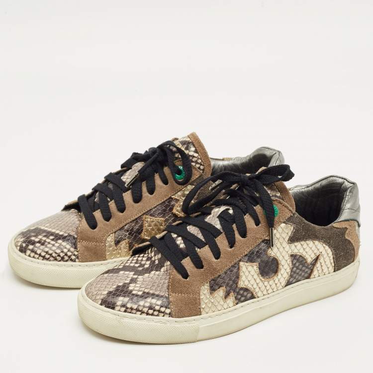 Pre Owned Zadig & Voltaire Multicolor Python Embossed Leather and Suede Trainer Sneakers Size 38