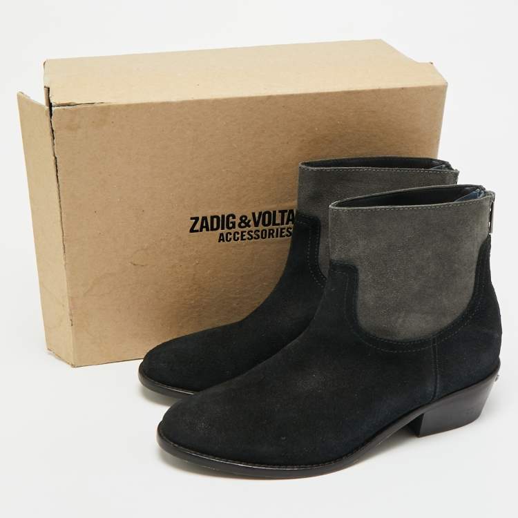 Pre Owned Zadig & Voltaire Teddy Size 37 Black/Grey Suede Ankle Length Boots
