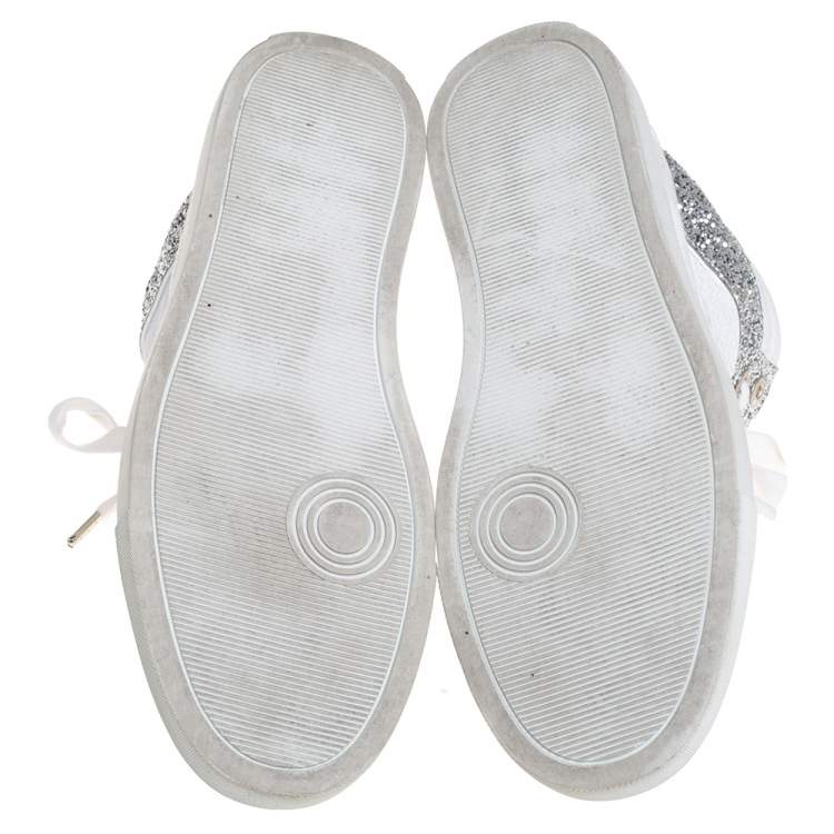 Pre Owned Zadig and Voltaire White/Grey Canvas and Suede Glitter High Top Sneakers Size 40