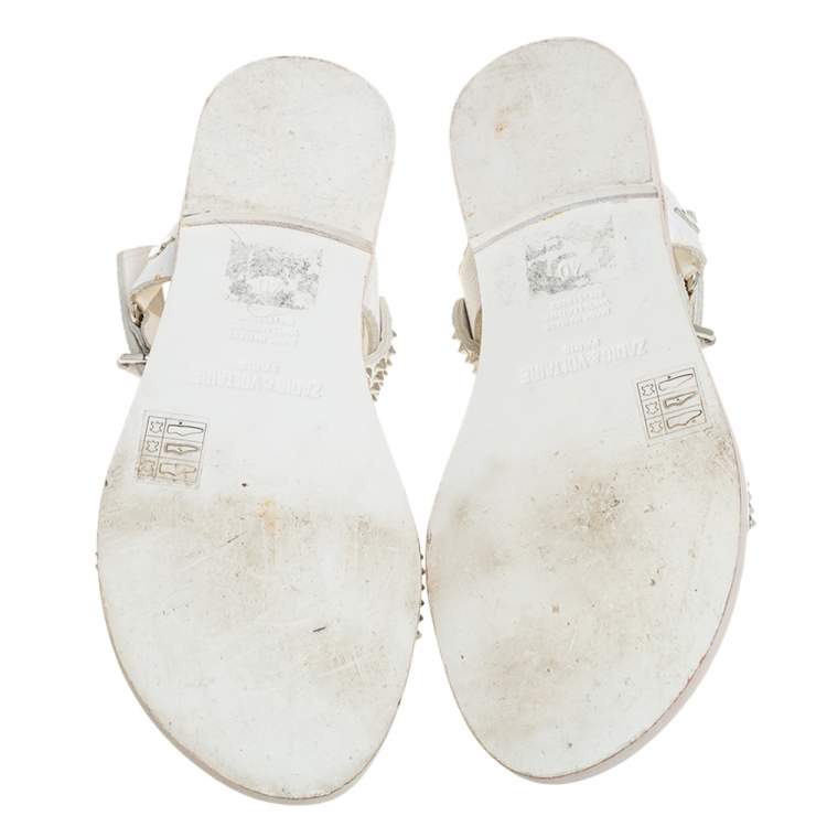 Pre Owned Zadig And Voltaire White Spike Embellished Leather Flat Sandals Size 40