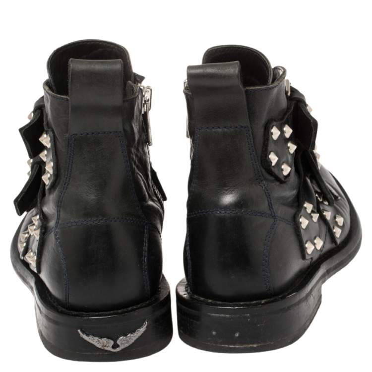 Pre Owned Zadig and Voltaire Black Leather Studded Laureen Ankle Boots Size 41