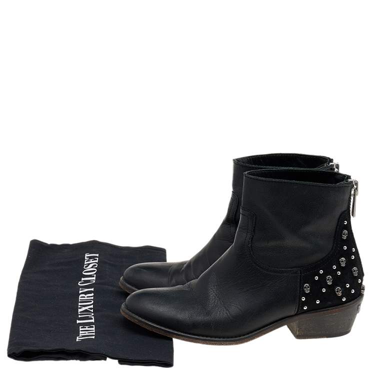 Pre Owned Zadig And Voltaire Black Leather Embellished Ankle Boots Size 36