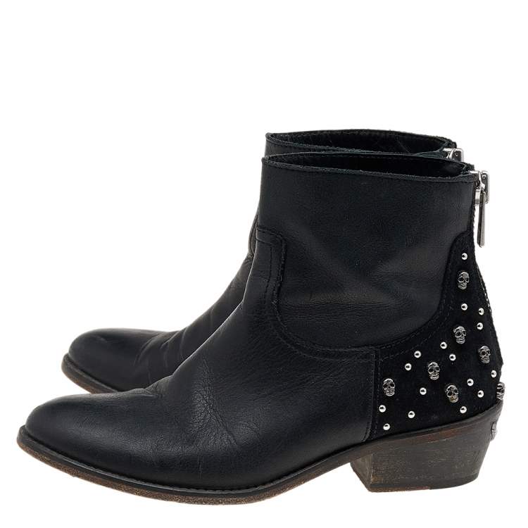 Pre Owned Zadig And Voltaire Black Leather Embellished Ankle Boots Size 36