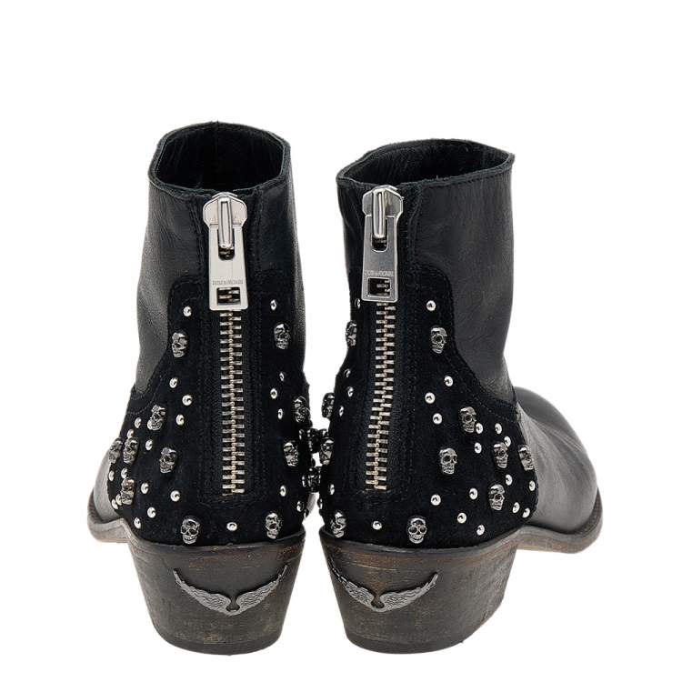 Pre Owned Zadig And Voltaire Black Leather Embellished Ankle Boots Size 36
