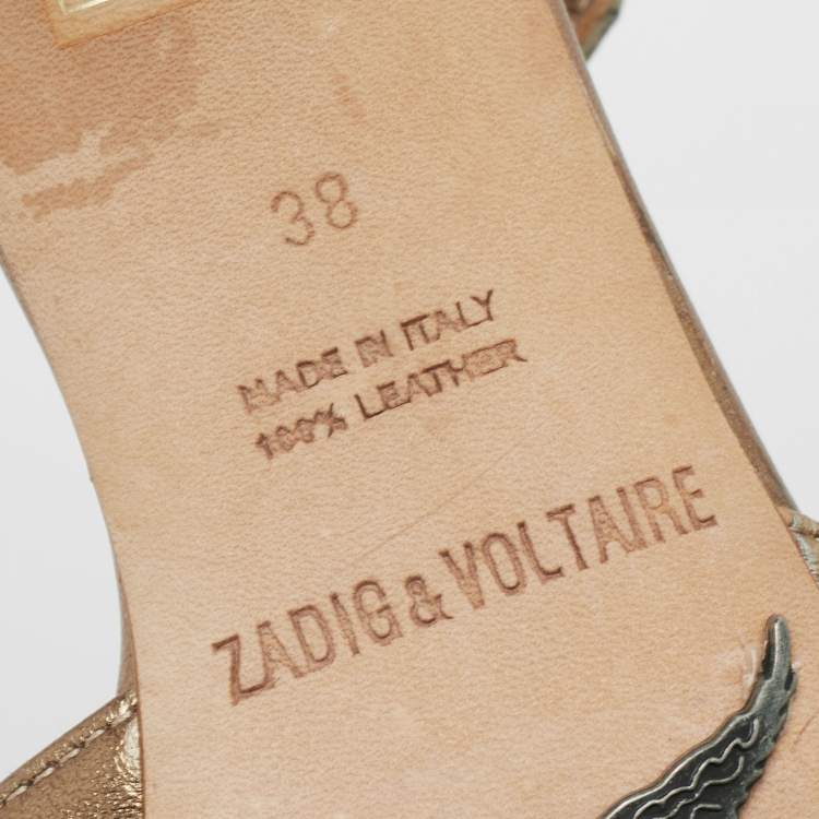 Pre Owned Zadig and Voltaire Gold/Grey Python Embossed And Leather Spike Ankle Strap Sandals Size 38    