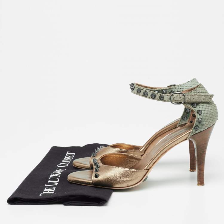 Pre Owned Zadig and Voltaire Gold/Grey Python Embossed And Leather Spike Ankle Strap Sandals Size 38    