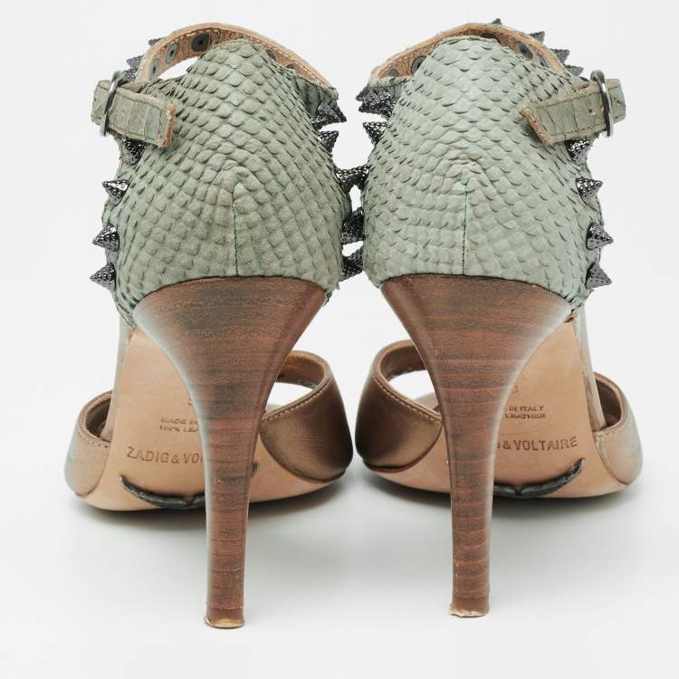 Pre Owned Zadig and Voltaire Gold/Grey Python Embossed And Leather Spike Ankle Strap Sandals Size 38    