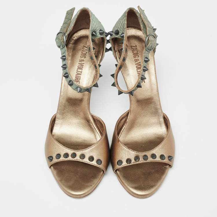 Pre Owned Zadig and Voltaire Gold/Grey Python Embossed And Leather Spike Ankle Strap Sandals Size 38    