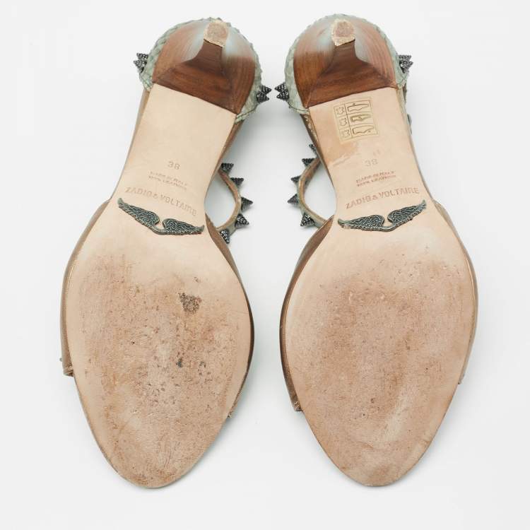 Pre Owned Zadig and Voltaire Gold/Grey Python Embossed And Leather Spike Ankle Strap Sandals Size 38    