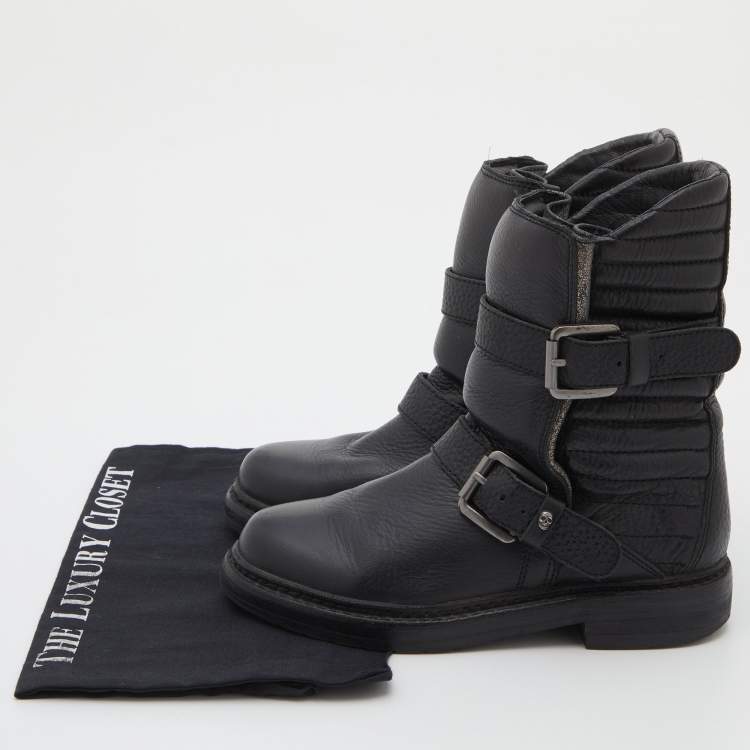 Pre Owned Zadig and Voltaire Black Leather Biker Ankle Length Boots Size 37
