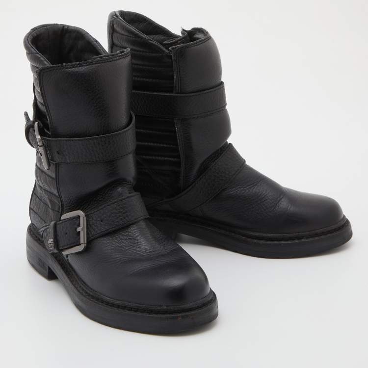 Pre Owned Zadig and Voltaire Black Leather Biker Ankle Length Boots Size 37