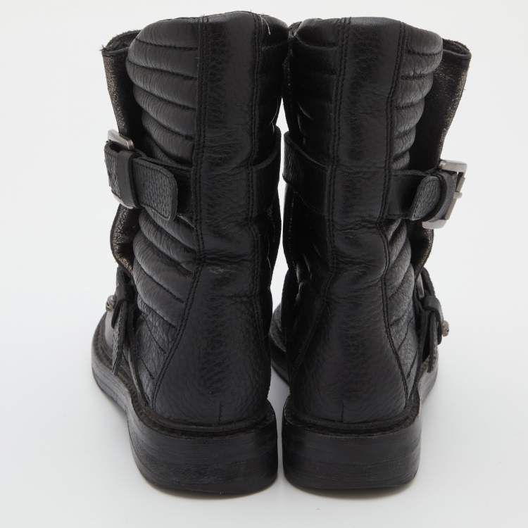 Pre Owned Zadig and Voltaire Black Leather Biker Ankle Length Boots Size 37