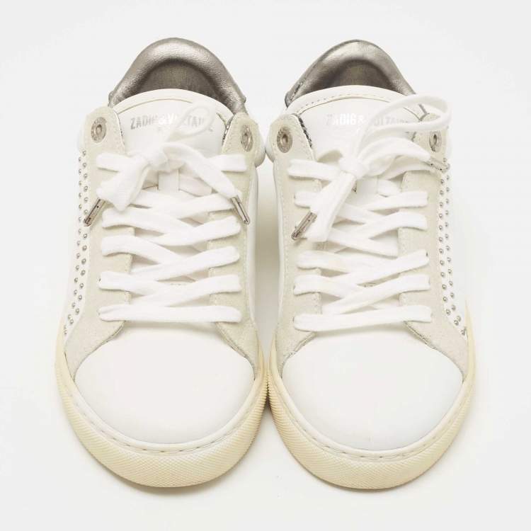 Pre Owned Zadig and Voltaire White Leather Studded Low Top Sneakers Size 36