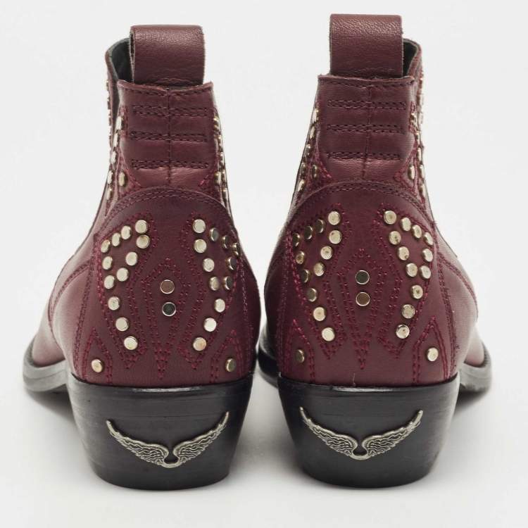Pre Owned Zadig & Voltaire Burgundy Leather Thylana Studded Ankle Booties Size 36