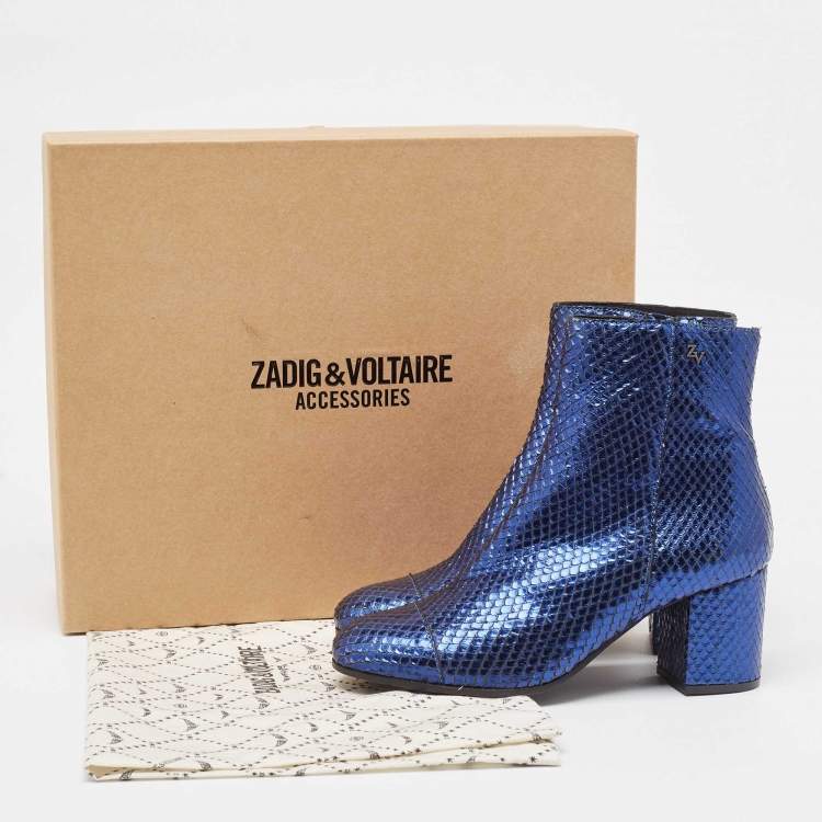 Pre Owned Zadiq & Voltaire Blue Python Block Heel Ankle Boots Size 37