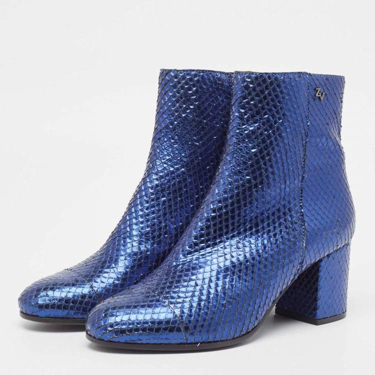 Pre Owned Zadiq & Voltaire Blue Python Block Heel Ankle Boots Size 37