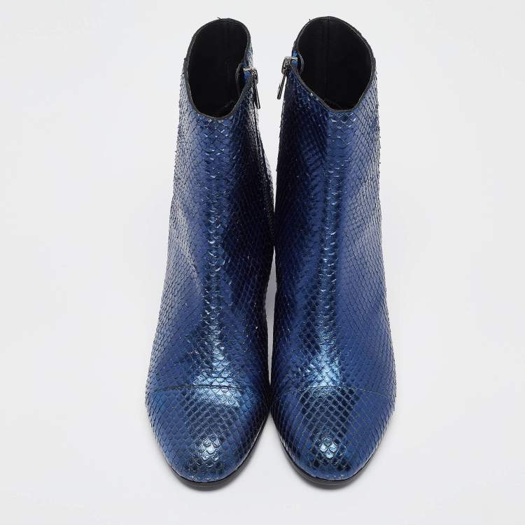 Pre Owned Zadig & Voltaire Metallic Blue Python Embossed Leather Lena Ankle Boots Size 40
