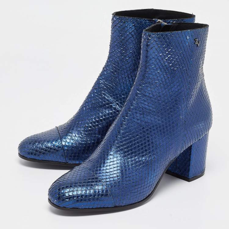 Pre Owned Zadig & Voltaire Metallic Blue Python Embossed Leather Lena Ankle Boots Size 40