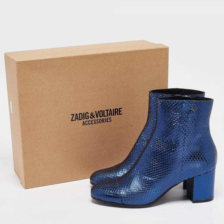 Pre Owned Zadig & Voltaire Metallic Blue Python Embossed Leather Lena Ankle Boots Size 40