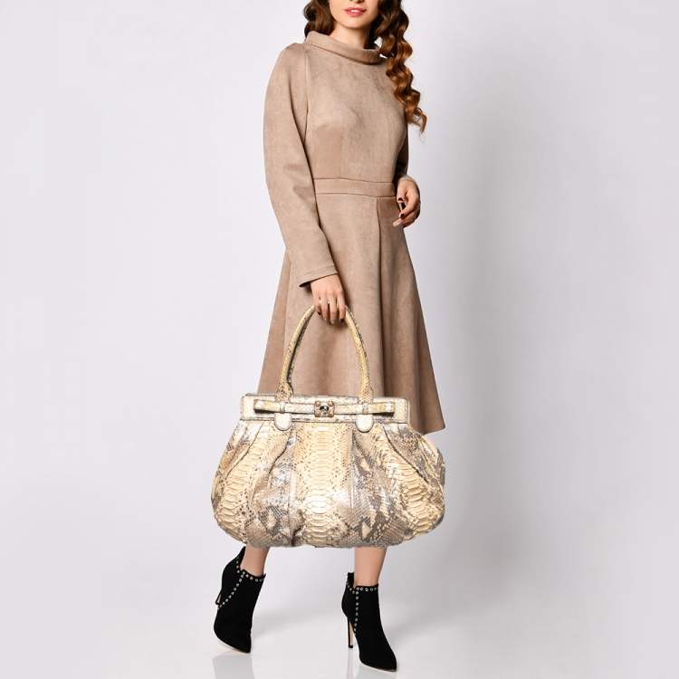 Pre Owned Zagliani Beige/Brown Shimmer Python Puffy Hobo