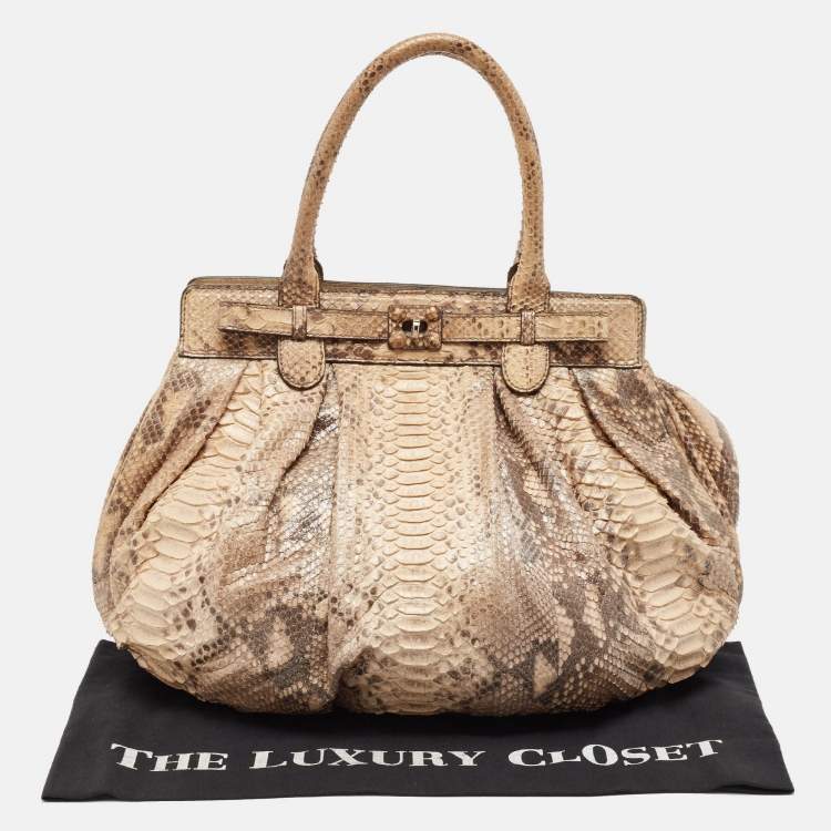 Pre Owned Zagliani Beige/Brown Shimmer Python Puffy Hobo