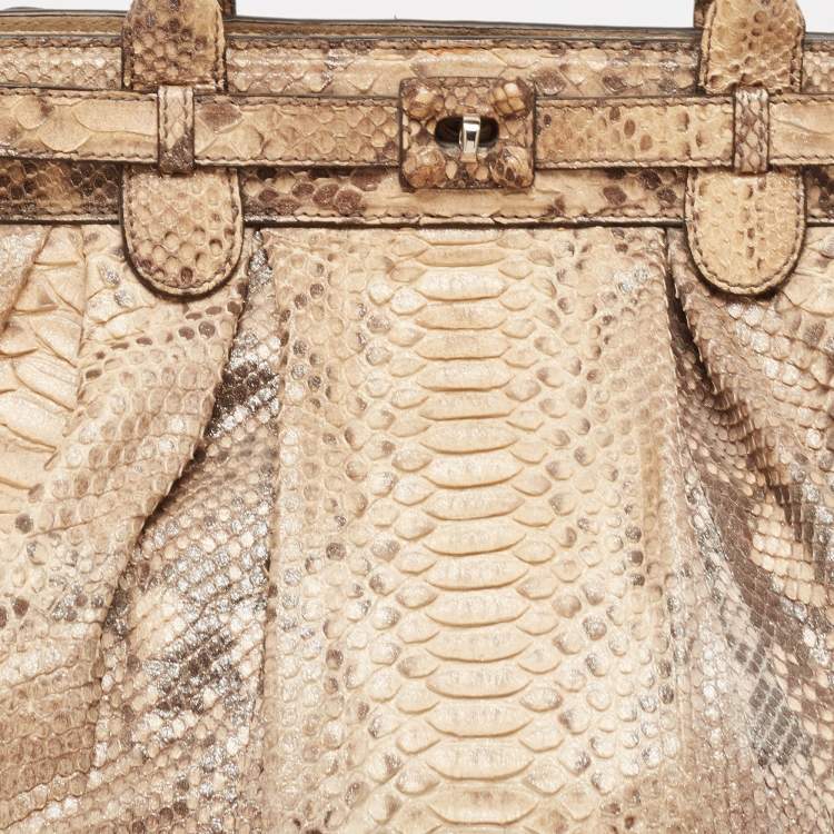 Pre Owned Zagliani Beige/Brown Shimmer Python Puffy Hobo