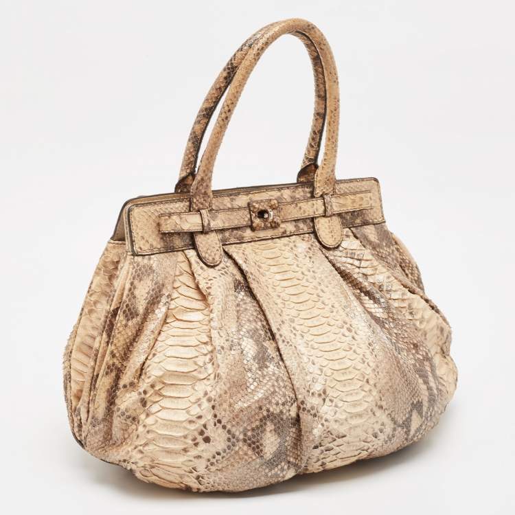 Pre Owned Zagliani Beige/Brown Shimmer Python Puffy Hobo