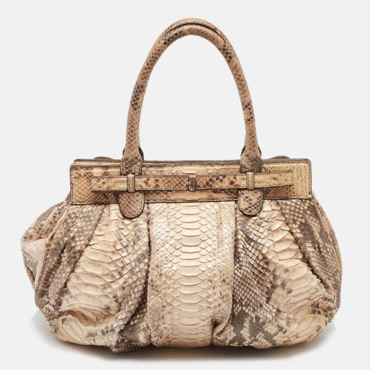 Pre Owned Zagliani Beige/Brown Shimmer Python Puffy Hobo