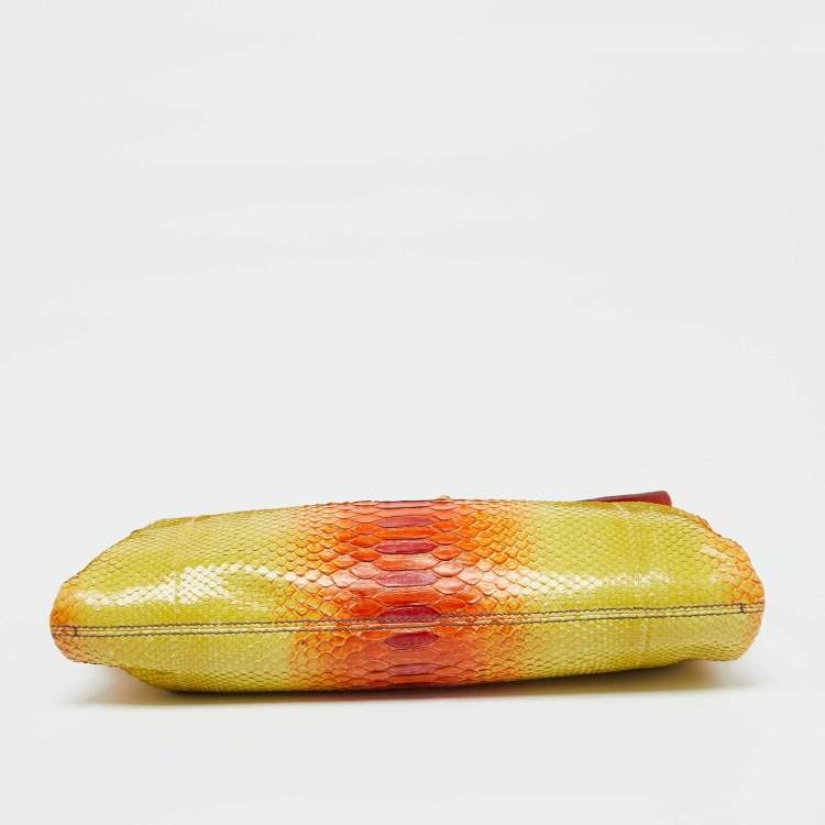 Pre Owned Zagliani Yellow/Orange Python Leather Flap Clutch