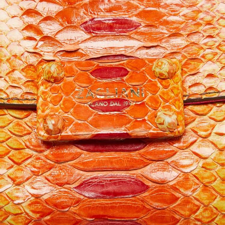 Pre Owned Zagliani Yellow/Orange Python Leather Flap Clutch