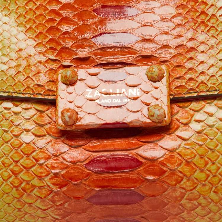 Pre Owned Zagliani Yellow/Orange Python Leather Flap Clutch