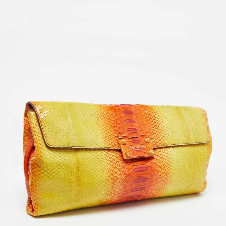 Pre Owned Zagliani Yellow/Orange Python Leather Flap Clutch
